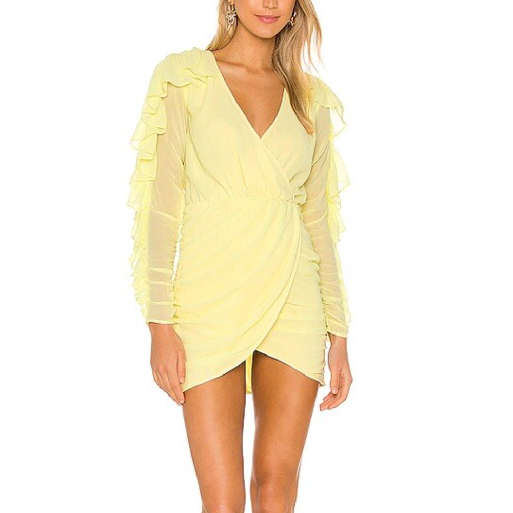 NBD x Revolve Yellow Butter Long Sleeve Ruffle Sheath Mini Dress Size Small